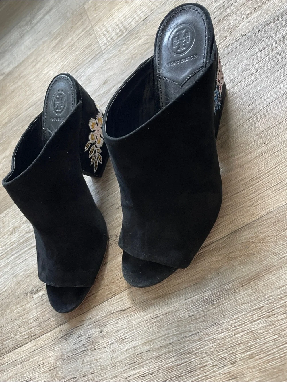 Tory Burch Sz 9 Suede Embroidered Block Heel Sandals Black Bohemian Luxury Shoes